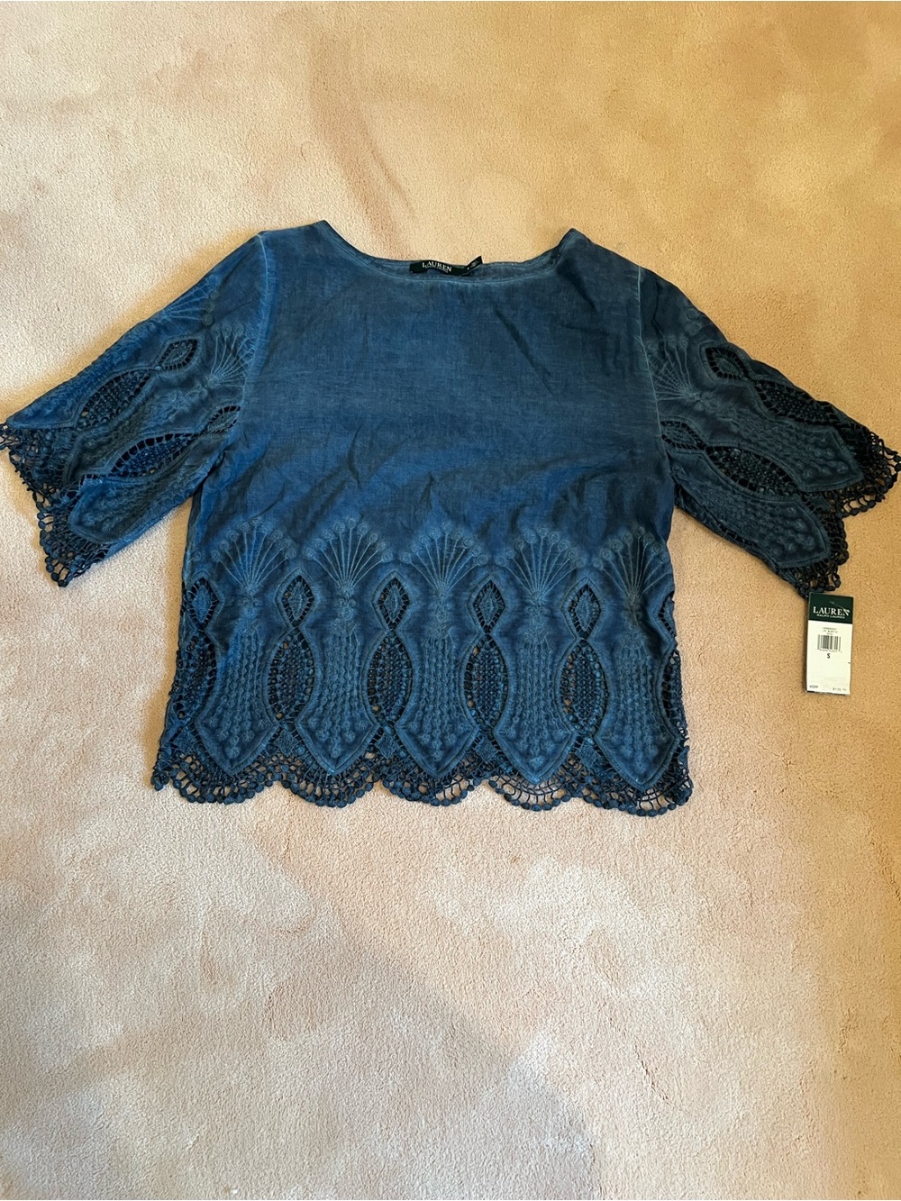 Lauren Ralph Lauren Dark Blue Crochet-Trim Eyelet Blouse (Size S) - New withTags